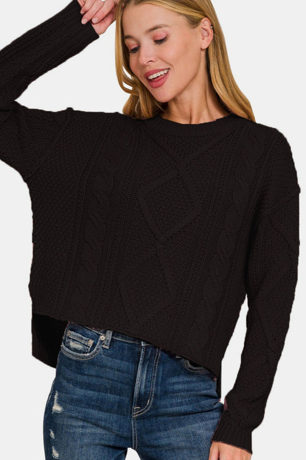 Cropped High Low Cable Sweater with Side Slits