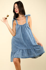 Shoulder Tie Washed Denim Mini Dress