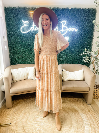 Smocked Floral Dress in Peach