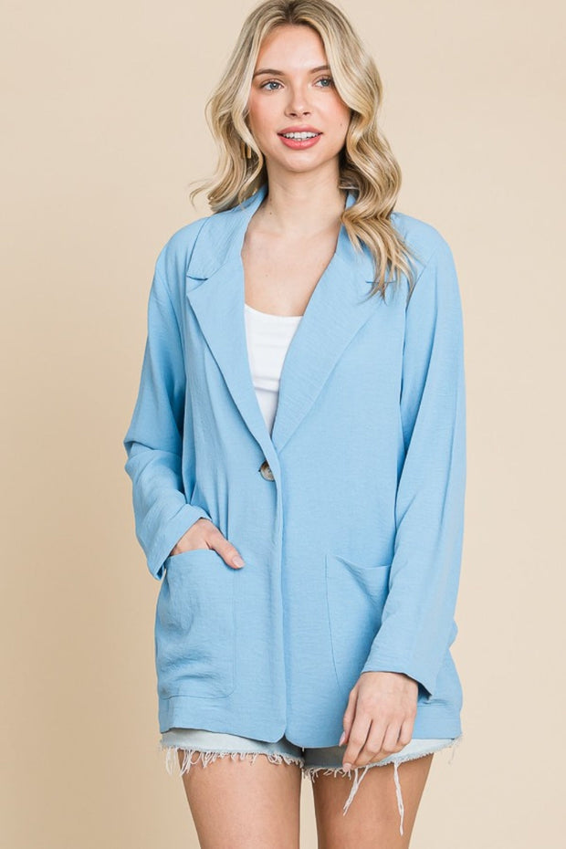 One Button Long Sleeve Blazer with Pockets