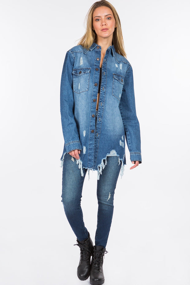 Bazi Distressed Frayed Hem Denim Jacket