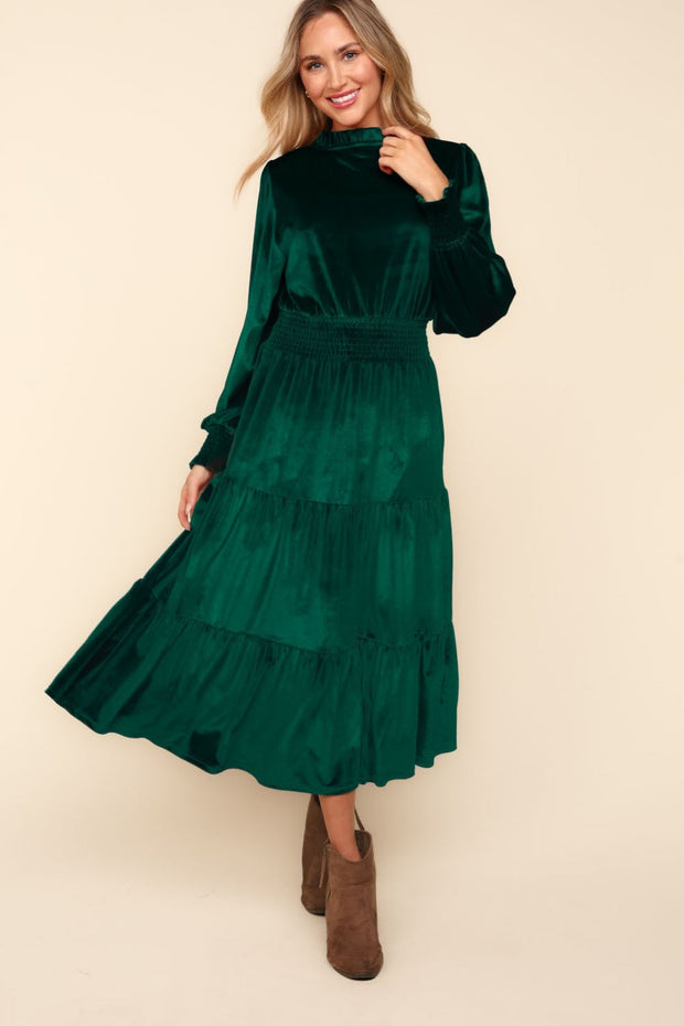 Mock Neck Smocked Waist Velvet Tiered Dress