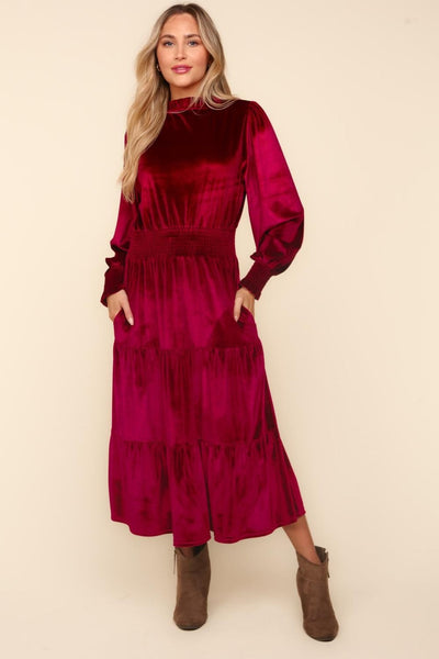 Mock Neck Smocked Waist Velvet Tiered Dress