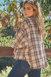 Button Up Raw Hem Plaid Shirt