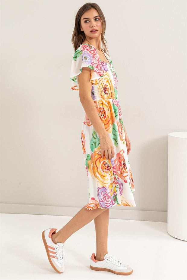 Floral Flutter Sleeve Smocked Dress