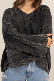 Cable Knit V-Neck Dropped Shoulder Oversized Sweater