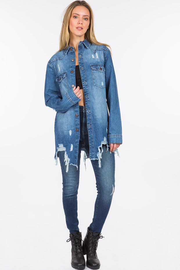 Bazi Distressed Frayed Hem Denim Jacket