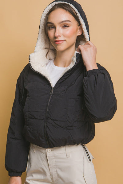 Zip Up Cropped Hooded Sherpa Reversible Jacket