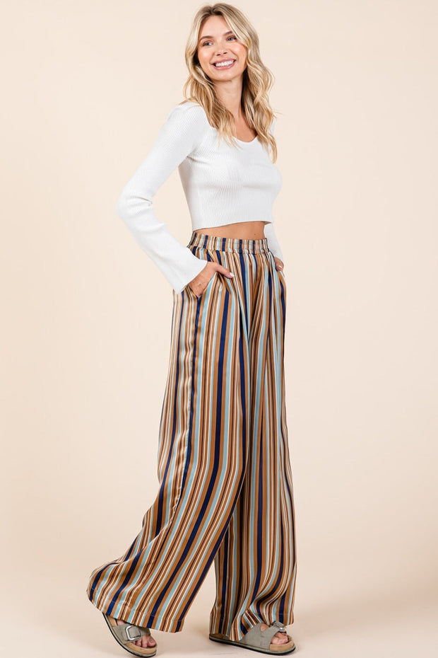 Striped Satin Elastic Waist Wide Leg Pants