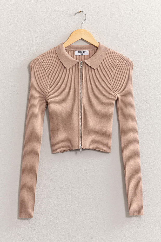 Ribbed Double Zip Cropped Cardigan