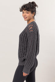 Openwork Round Neck Long Sleeve Knit Cover Up