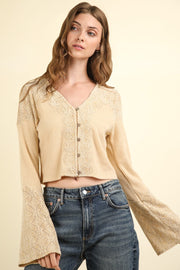 V-Neck Lace Detail Button Down Crop Ribbed Knit Top