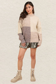 Color Block Mock Neck Drop Shoulder Sweater