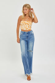 Risen High Rise Frayed Hem Wide Leg Jeans