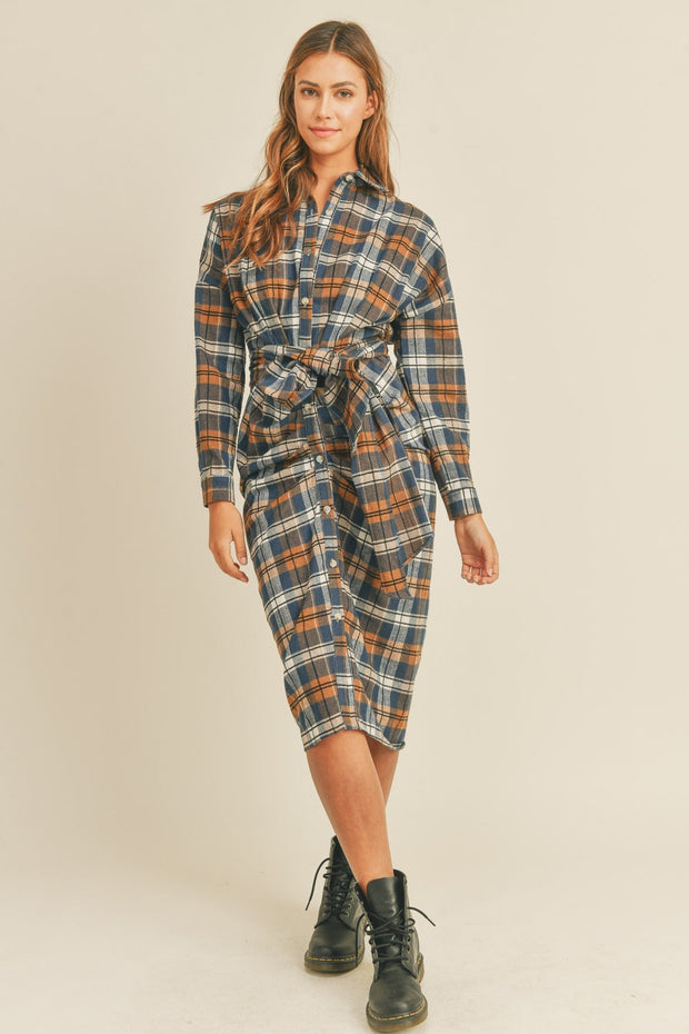 Plaid Flannel Front Tie Button Down Shirt Dress