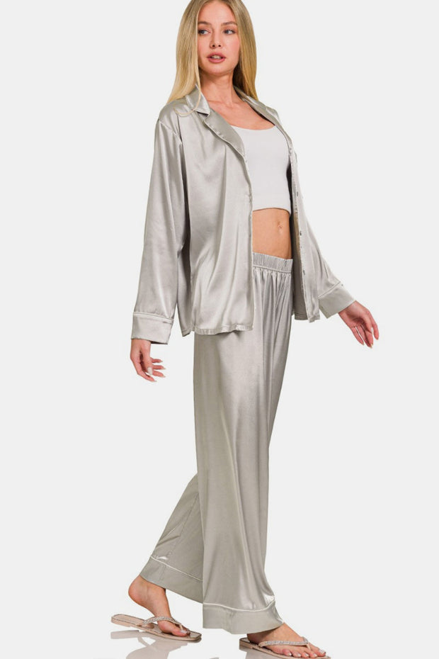 Satin Long Sleeve Shirt and Pants Pajama Set