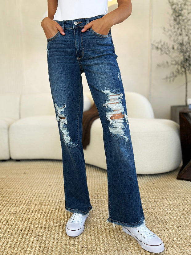 Judy Blue Mid Rise Distressed Raw Hem Jeans