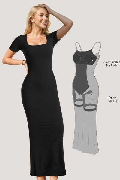 PREORDER Built-In Shapewear Square Neck Short Sleeve Maxi Dress