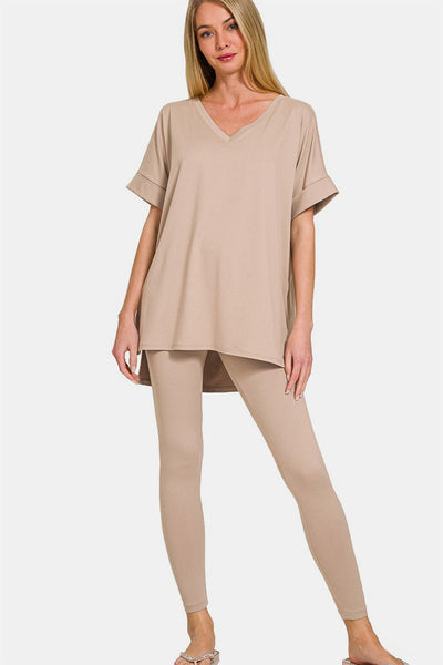 V-Neck Rolled Short Sleeve T-Shirt and Leggings Lounge Set