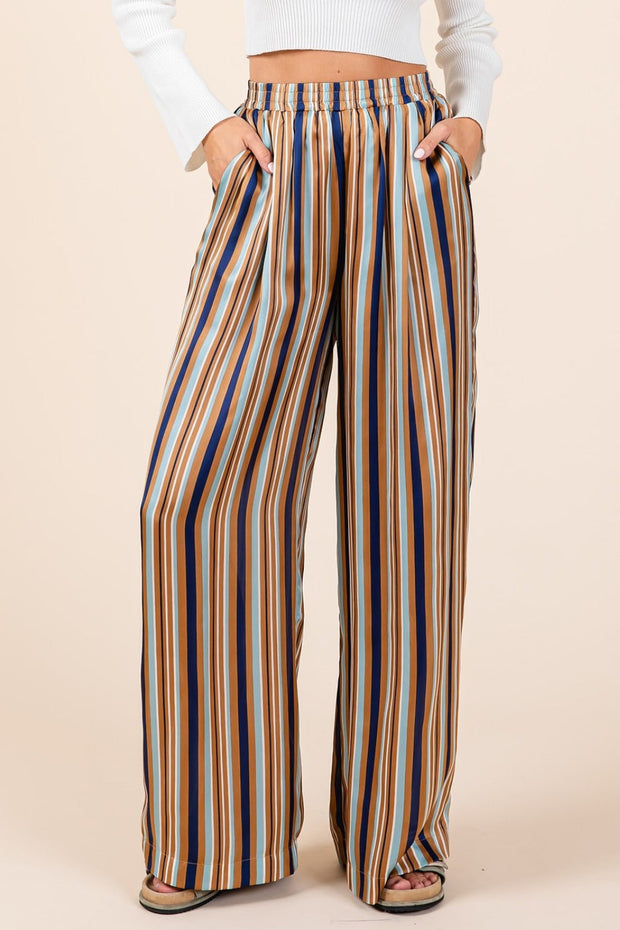 Striped Satin Elastic Waist Wide Leg Pants