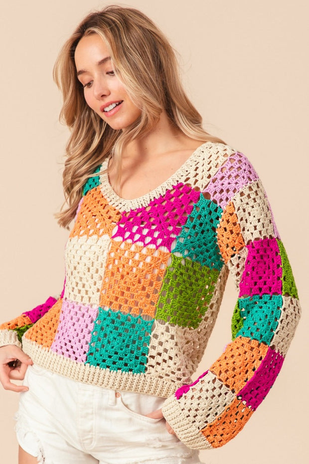 Multi Color Checkered Long Sleeve Knit Top