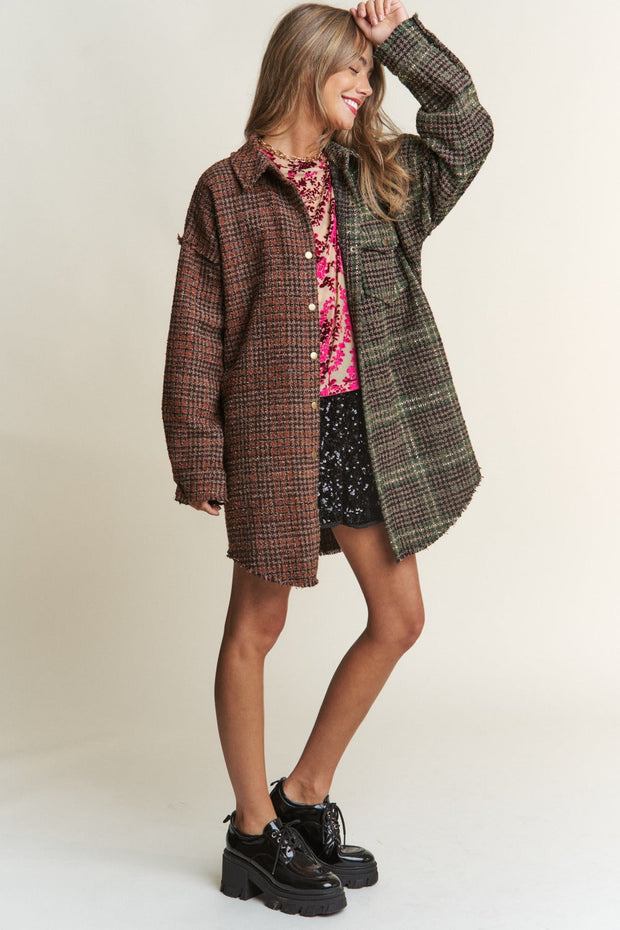 Snap Down Tweed Plaid Contrast  Longline Shacket