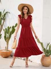 PREORDER Tiered Ruffled V-Neck Cap Sleeve Dress 4 Colors