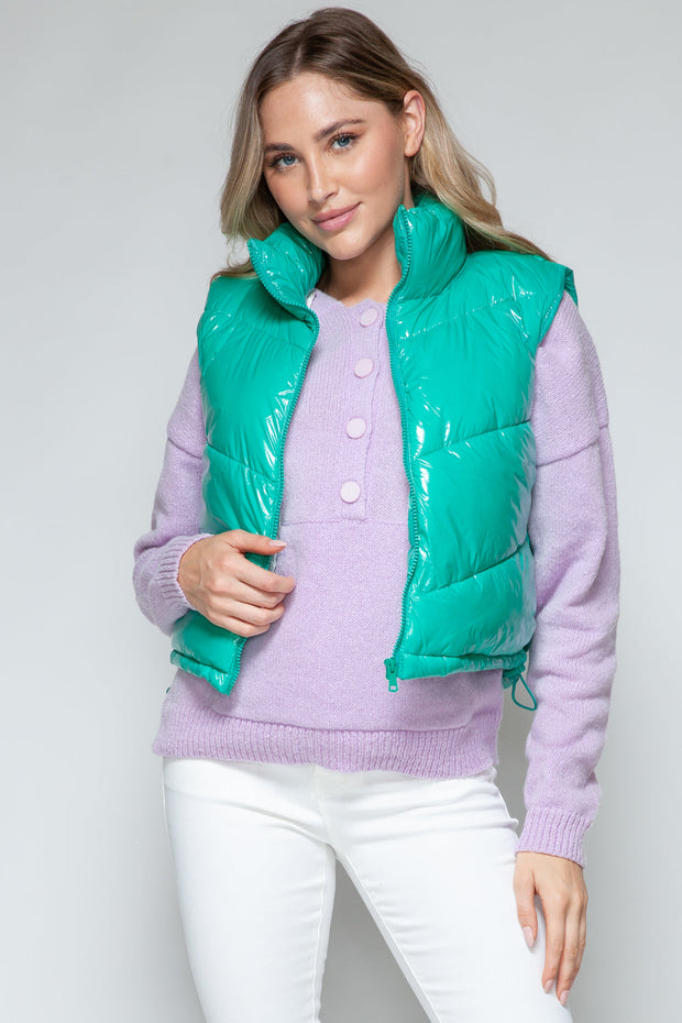 Zip Up Turtleneck Shiny Quilted Vest