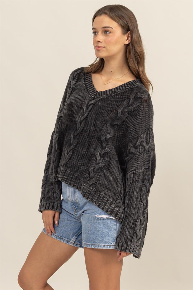 Cable Knit V-Neck Dropped Shoulder Oversized Sweater