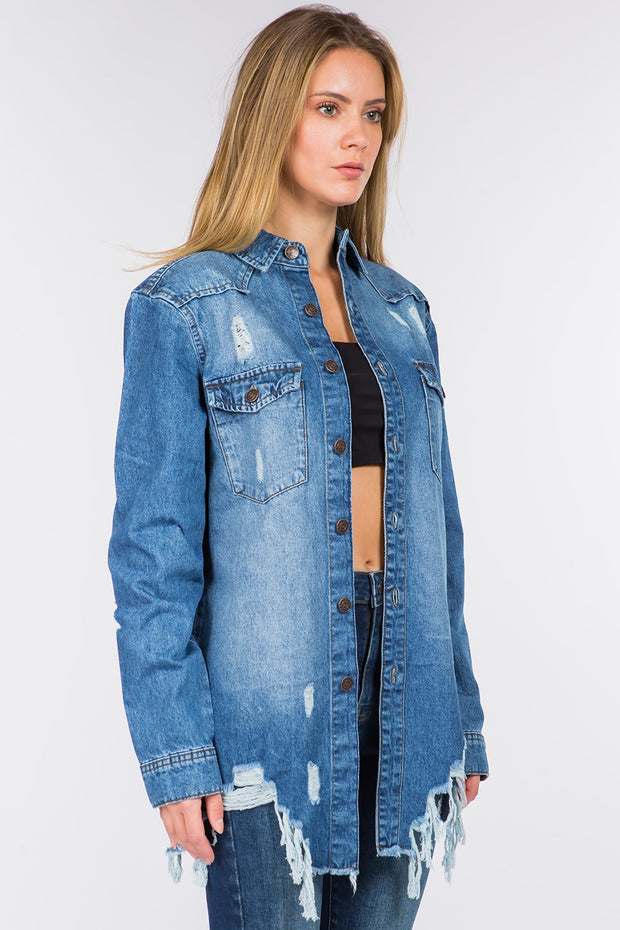 Bazi Distressed Frayed Hem Denim Jacket