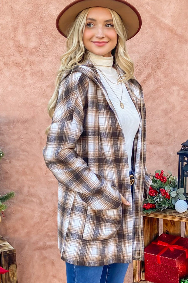 Plaid Open Front Hooded Shacket