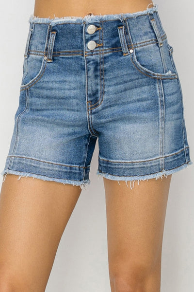 RISEN High Rise Seam Detailed Raw Edge Denim Shorts