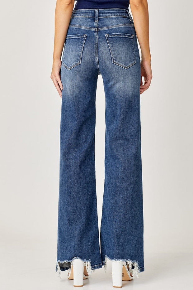 Risen High Rise Frayed Hem Wide Leg Jeans