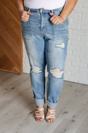 JUDY BLUE Aiden High Rise Patch Pocket Distressed Boyfriend Jeans