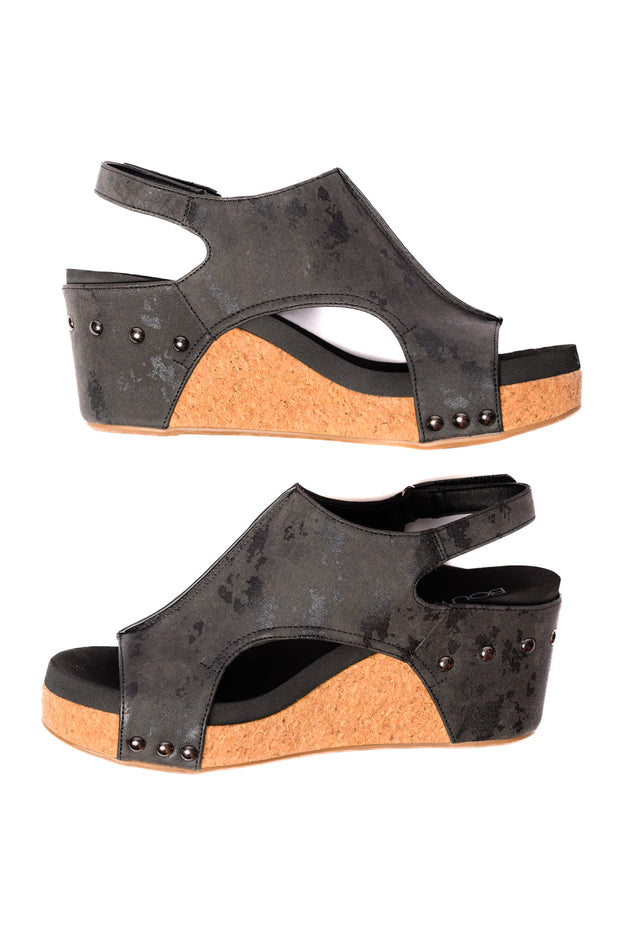 CORKYS Carley Wedge Sandals in Black Metallic