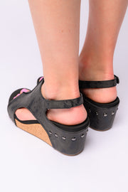 CORKYS Carley Wedge Sandals in Black Metallic