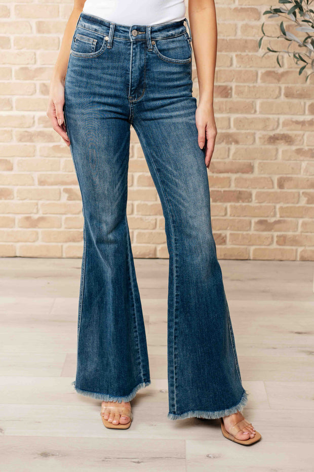 JUDY BLUE Miley High Waist Control Top Frayed Hem Flare Jeans