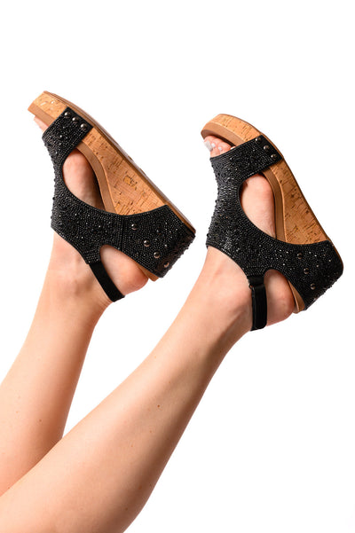 CORKYS Ashley Wedge Sandals in Black Rhinestone