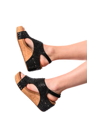 CORKYS Ashley Wedge Sandals in Black Rhinestone