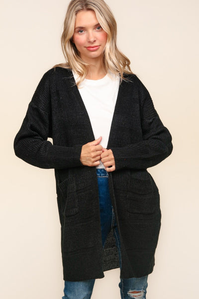 Stripe Textured Open Front Cardigan with Pockets