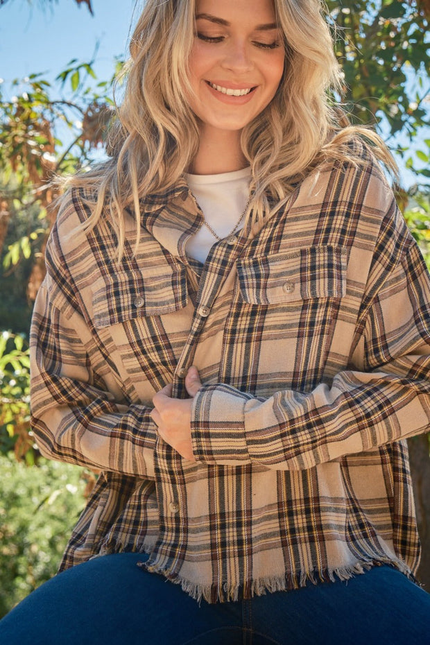 Button Up Raw Hem Plaid Shirt