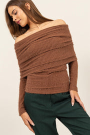 Fuzzy Off Shoulder Textured Knit Top