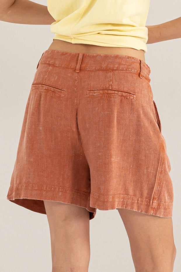 High Waist Pleated Linen Shorts