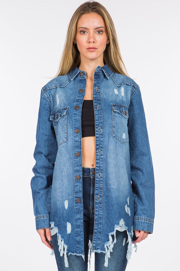 Bazi Distressed Frayed Hem Denim Jacket