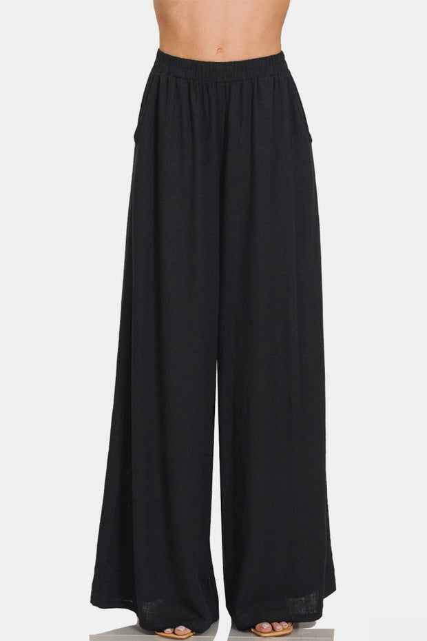 Pleated Linen Blend Wide Leg Pants