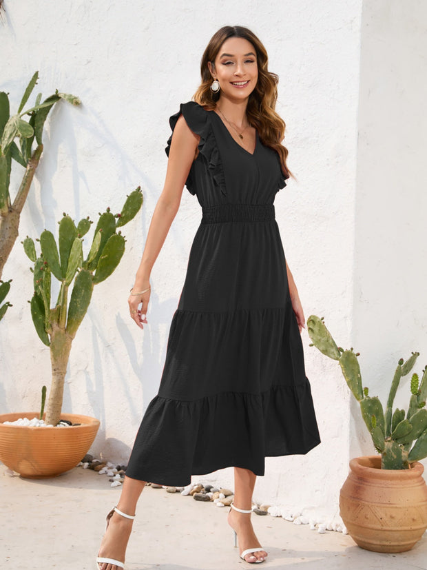 PREORDER Tiered Ruffled V-Neck Cap Sleeve Dress 4 Colors