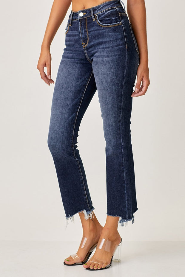 Risen Frayed Hem Cropped Straight Jeans