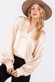 Notched Long Sleeve Blouse