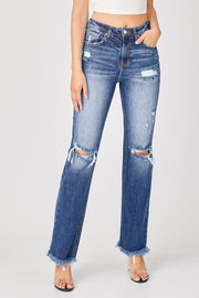 Risen Raw Hem Distressed Straight Jeans