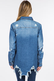 Bazi Distressed Frayed Hem Denim Jacket